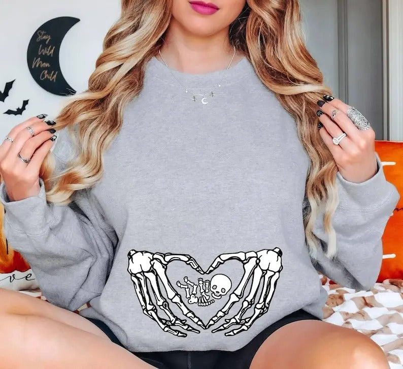 Funny Pregnancy Announcement Skeleton Hands Heart Baby Bump T-Shirt/Sweatshirt/Hoodie