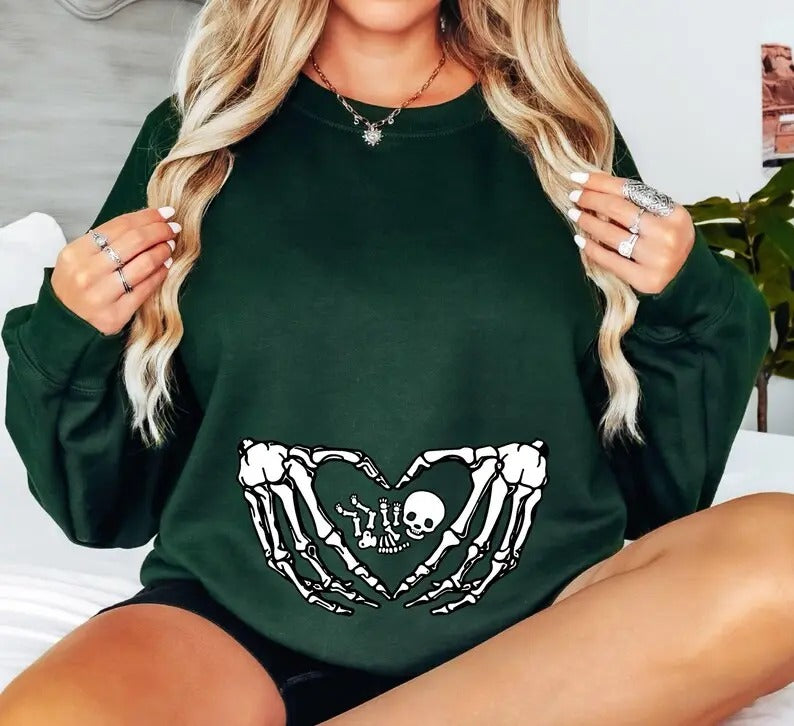 Funny Pregnancy Announcement Skeleton Hands Heart Baby Bump T-Shirt/Sweatshirt/Hoodie