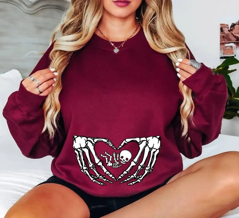 Funny Pregnancy Announcement Skeleton Hands Heart Baby Bump T-Shirt/Sweatshirt/Hoodie