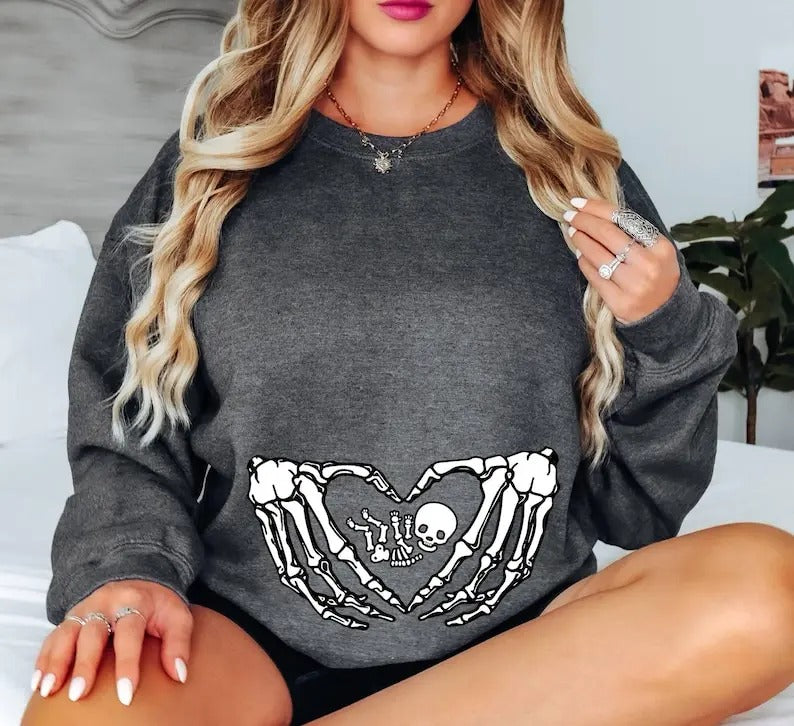Funny Pregnancy Announcement Skeleton Hands Heart Baby Bump T-Shirt/Sweatshirt/Hoodie