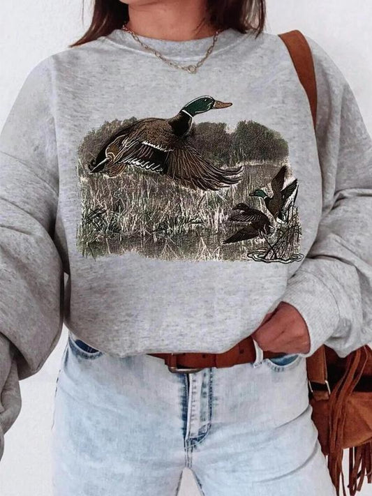 Women's Duck Print Drop Shoulder Thermal Lined Sweatshirt