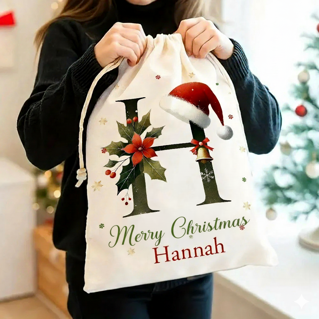 🎄 Personalized Christmas Gift Bag – Custom Initial & Name